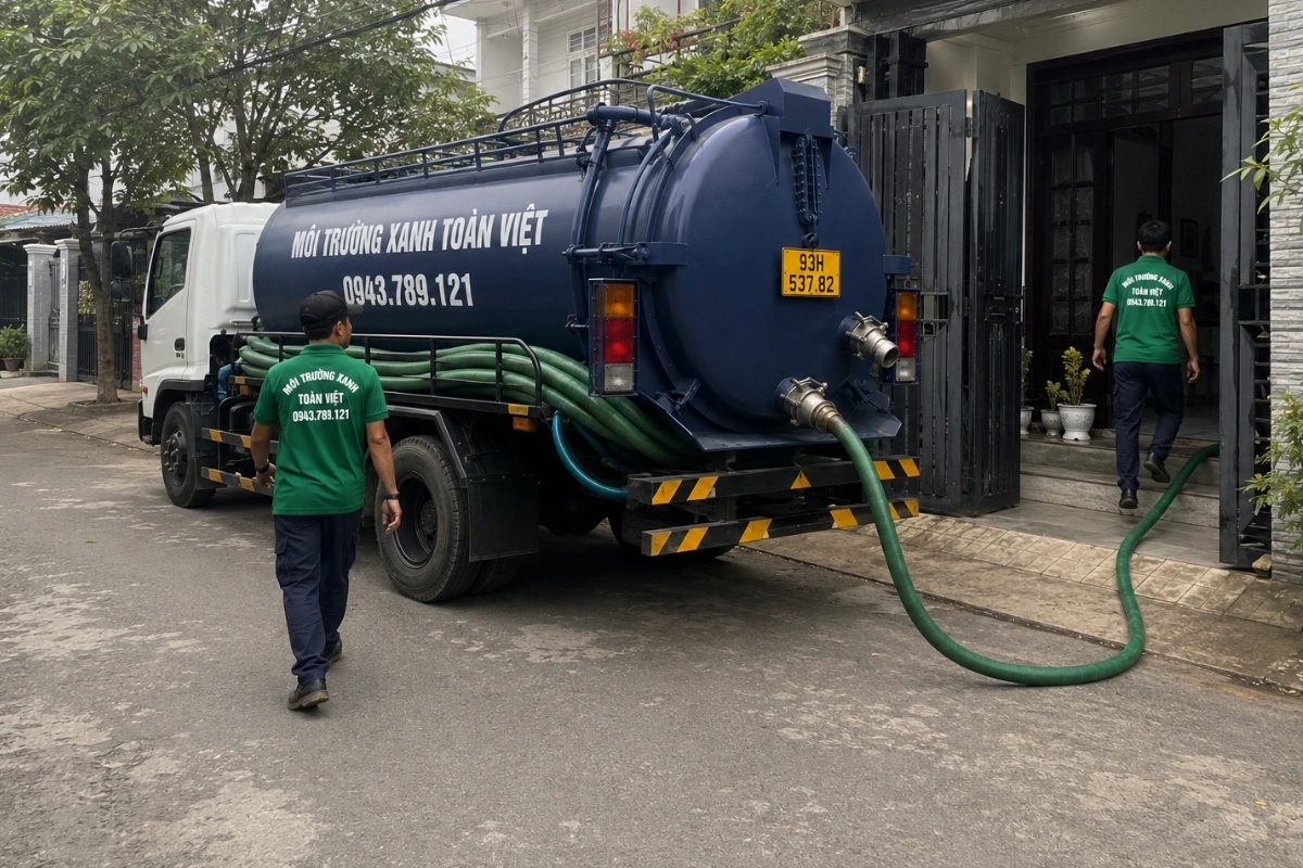 Nhân viên kiểm tra vị trí hút hầm cầu tại nhà dân