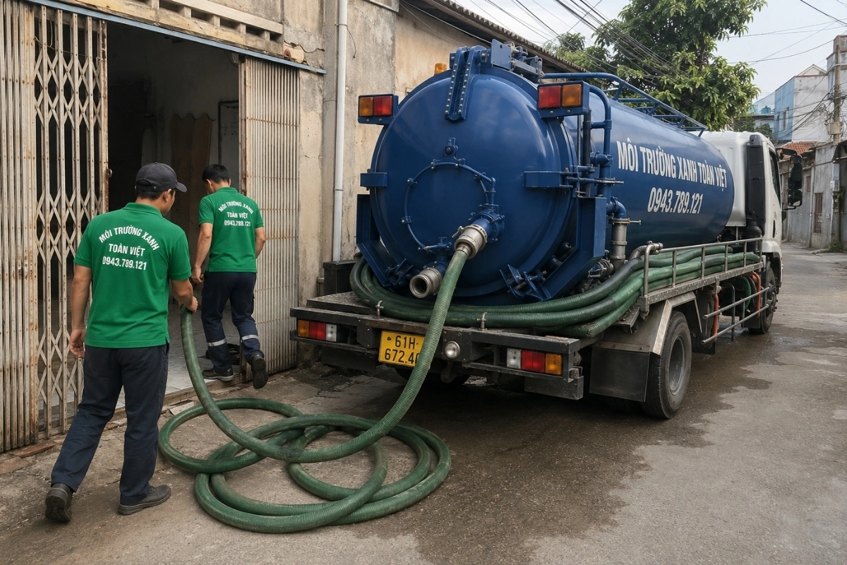 Hút Hầm Cầu Bến Cát 24/7 | Báo Giá Theo m³, Không Giá Mồi 6 Xe hút hầm cầu và nhân viên đang chuẩn bị thi công