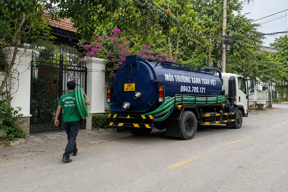 Xe bồn hút hầm cầu chuẩn bị phục vụ khách hàng