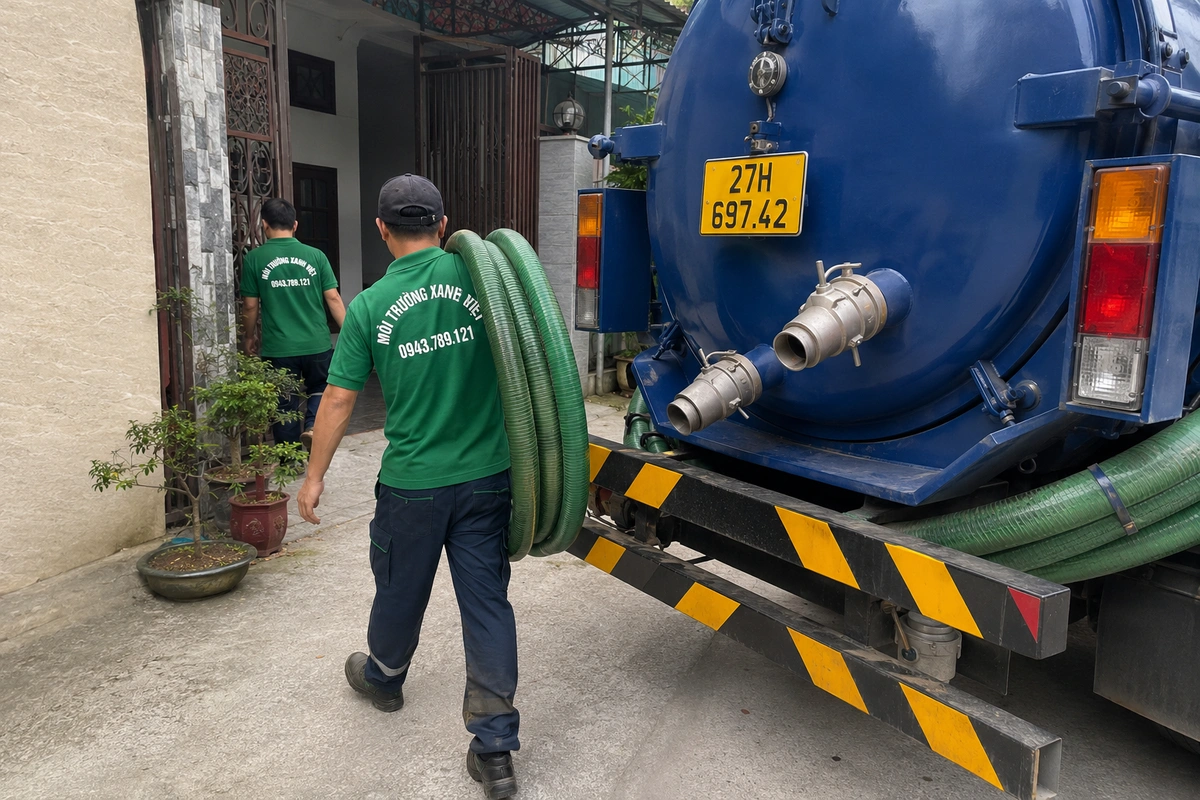 Hút Bể Phốt Tại Tuần Giáo, 3 Gói Giá | Môi Trường Xanh 8 Hai nhân viên bên cạnh xe bồn hút chất thải