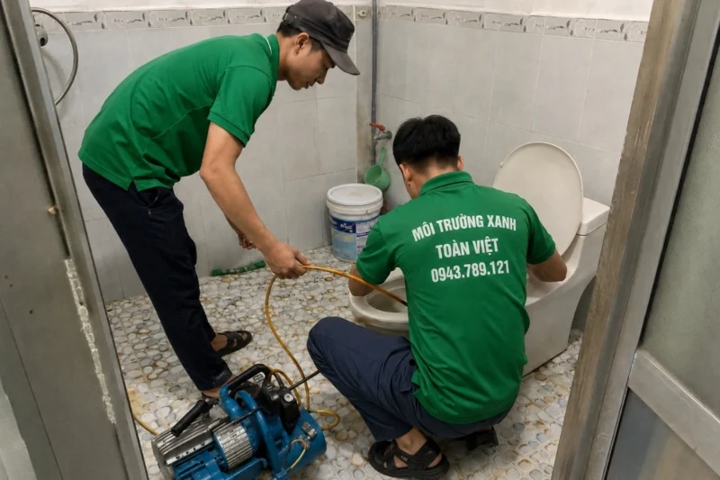 Thao tác thông tắc thiết bị vệ sinh bằng máy