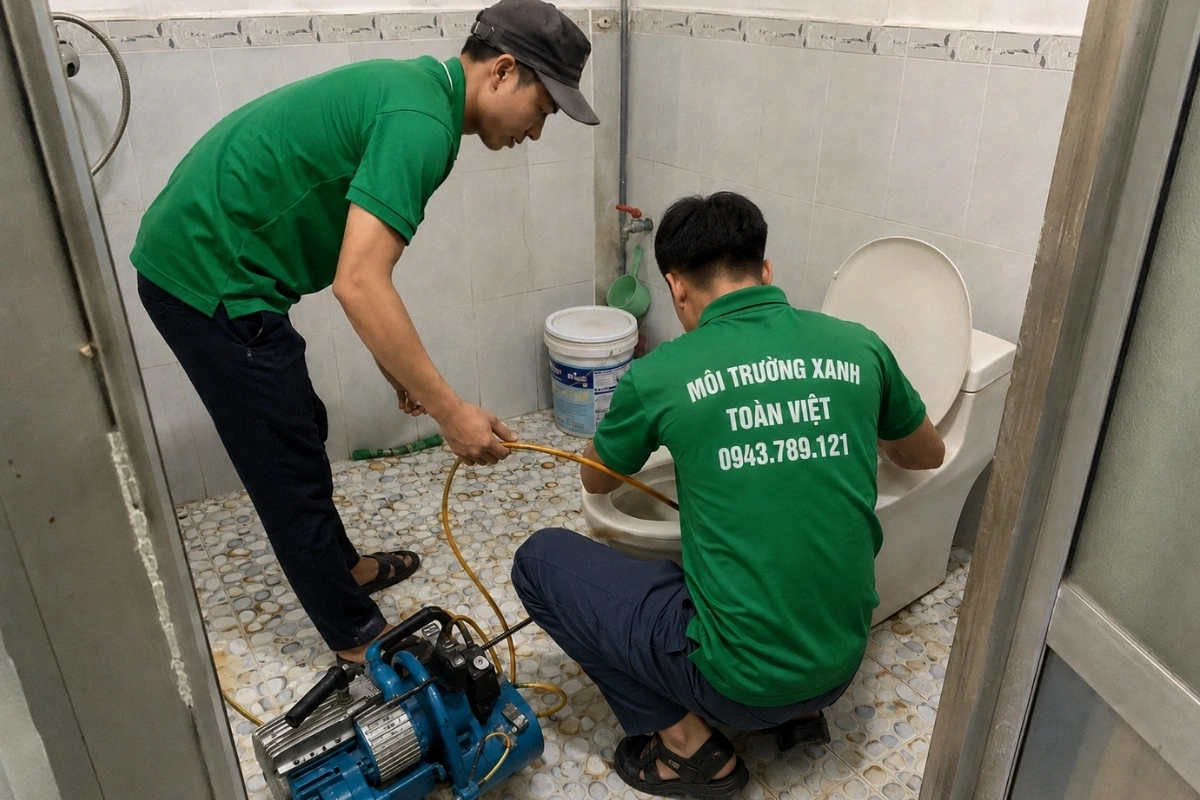 Kỹ thuật viên đang thực hiện thông tắc thiết bị vệ sinh.
