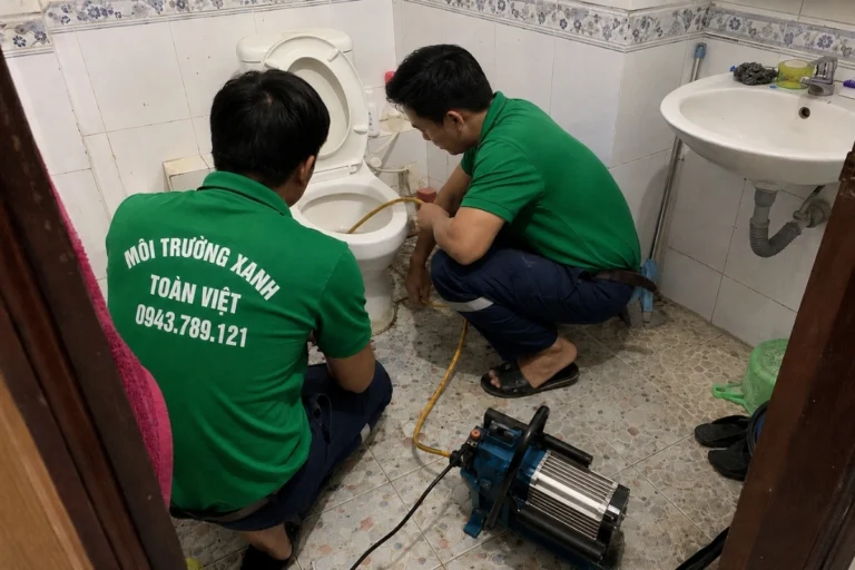 Th&ocirc;ng bồn cầu T&acirc;n Ph&uacute; &ndash; Nh&acirc;n vi&ecirc;n đang xử l&yacute; bồn cầu bị nghẹt bằng m&aacute;y quay