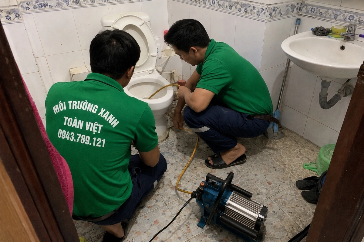 Thông Bồn Cầu Đức Hòa 24/7, Thợ Tới Tận Khu Trọ, Khu Dân Cư 9 Nhân viên đang xử lý bồn cầu bị nghẹt bằng máy quay.