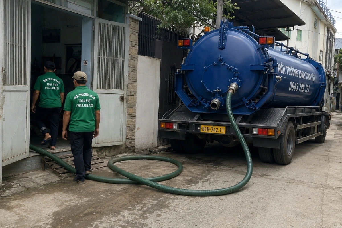 Hai nhân viên hút hầm cầu đang đến nhà khách hàng