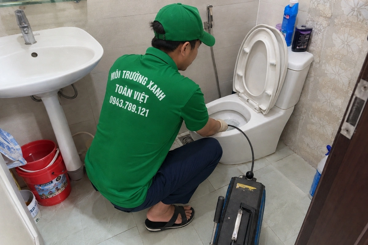 Thông Bồn Cầu Bến Lức 24/7, Thợ Tới Tận Khu Trọ, Quán Ăn 10 Kỹ thuật viên đang thông đường nước thải của bồn cầu.
