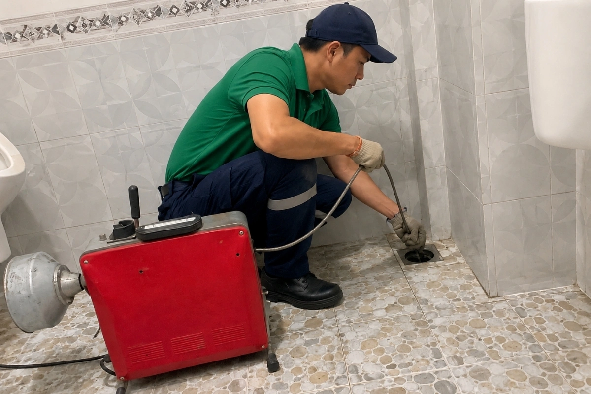 Kỹ thuật viên đang áp dụng phương pháp thông tắc bằng dây đàn hồi.