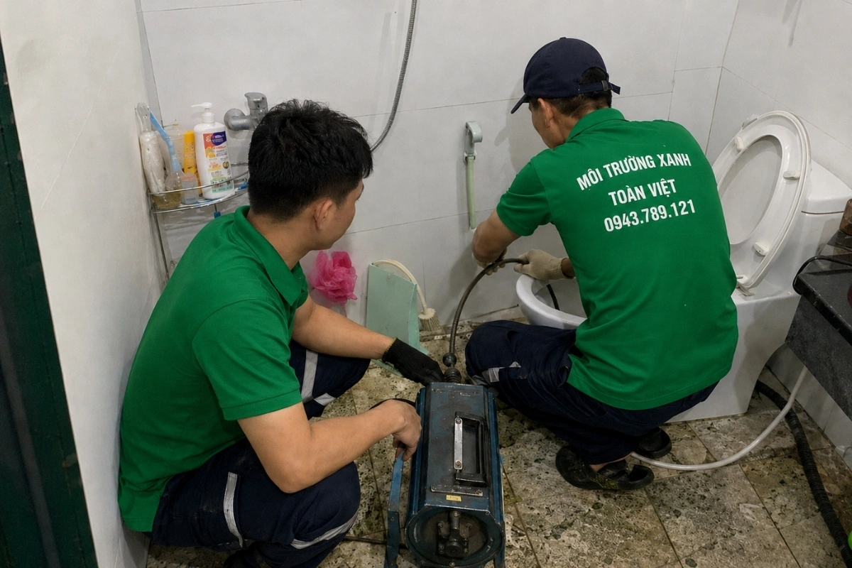 Kỹ thuật viên đang xử lý đường ống bồn cầu bị đóng cặn.