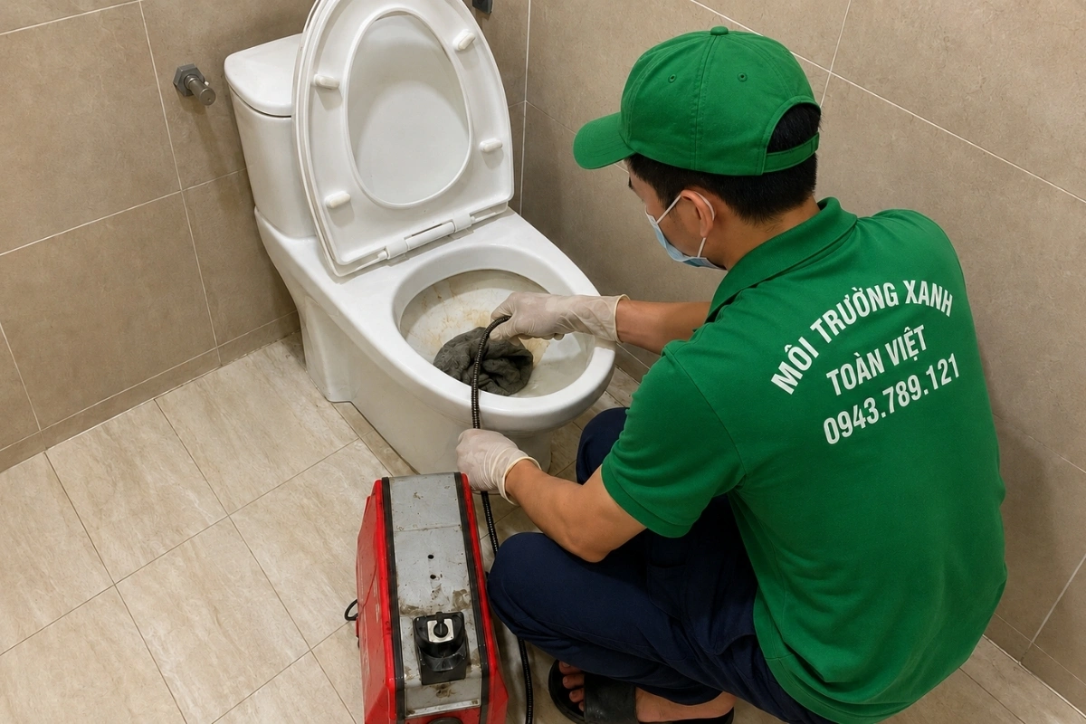 Nhân viên đang làm việc với máy thông bồn cầu chuyên dụng.