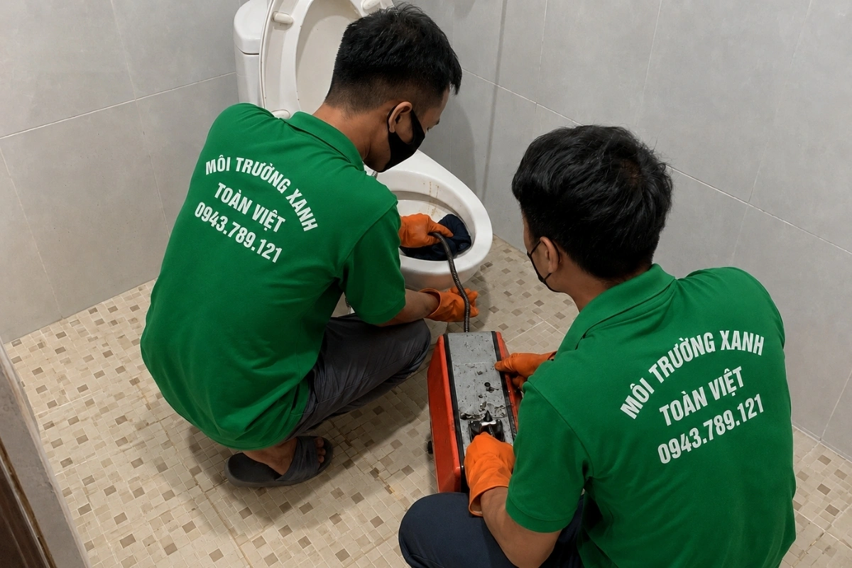 Thông Bồn Cầu Kiến Tường 24/7, Thợ Tới Tận Vùng Biên 10 Kỹ thuật viên đang xử lý bồn cầu có nước dâng cao.