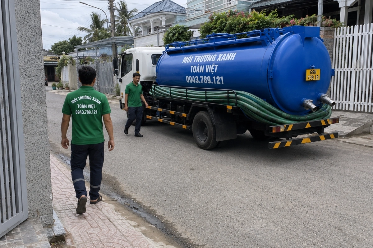 Hai nhân viên hút hầm cầu đang đến nhà khách hàng