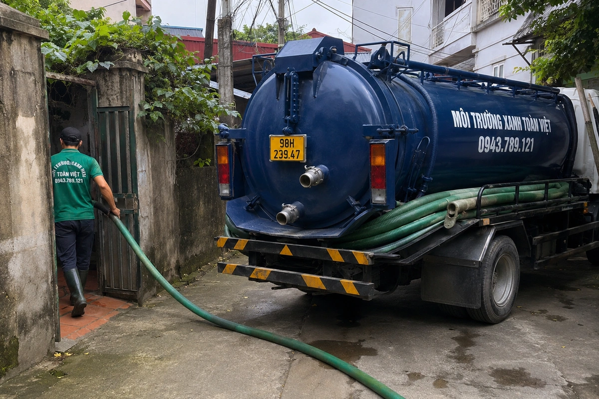 Nhân viên đi vào nhà trong khi xe bồn đỗ phía ngoài