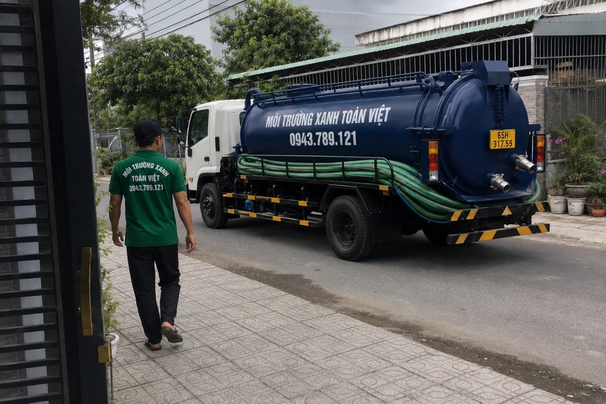 Hút Hầm Cầu Thới Lai – 4 Tình Huống Khó Vẫn Có Xe Xử Lý 9 Xe bồn hút hầm cầu đậu trước nhà khách hàng