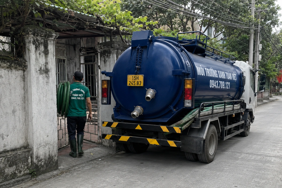 Hút Bể Phốt Đặc Khu Cát Hải 24/7 | Môi Trường Xanh 10 Xe bồn môi trường mang nhận diện Môi Trường Xanh Toàn Việt