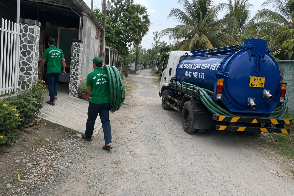 Nhân viên triển khai dịch vụ hút hầm cầu tại nhà dân