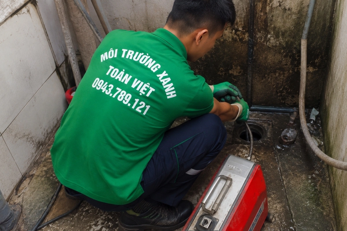 Nhân viên đang vận hành máy thông cống để xử lý tắc nghẽn.