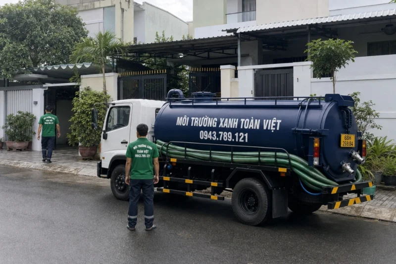 Ảnh minh họa nh&acirc;n vi&ecirc;n triển khai dịch vụ h&uacute;t hầm cầu Ki&ecirc;n Lương