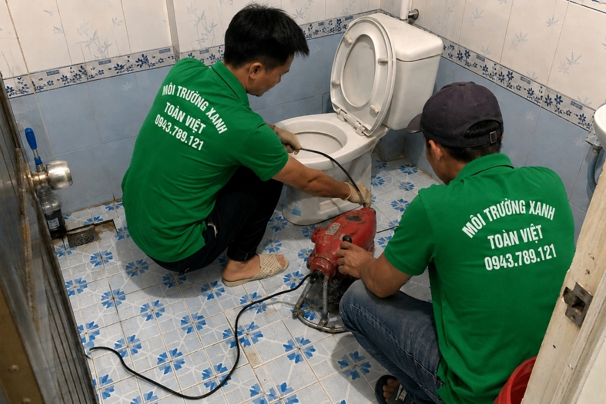 Kỹ thuật viên đang thông bồn cầu bằng phương pháp không đục phá.
