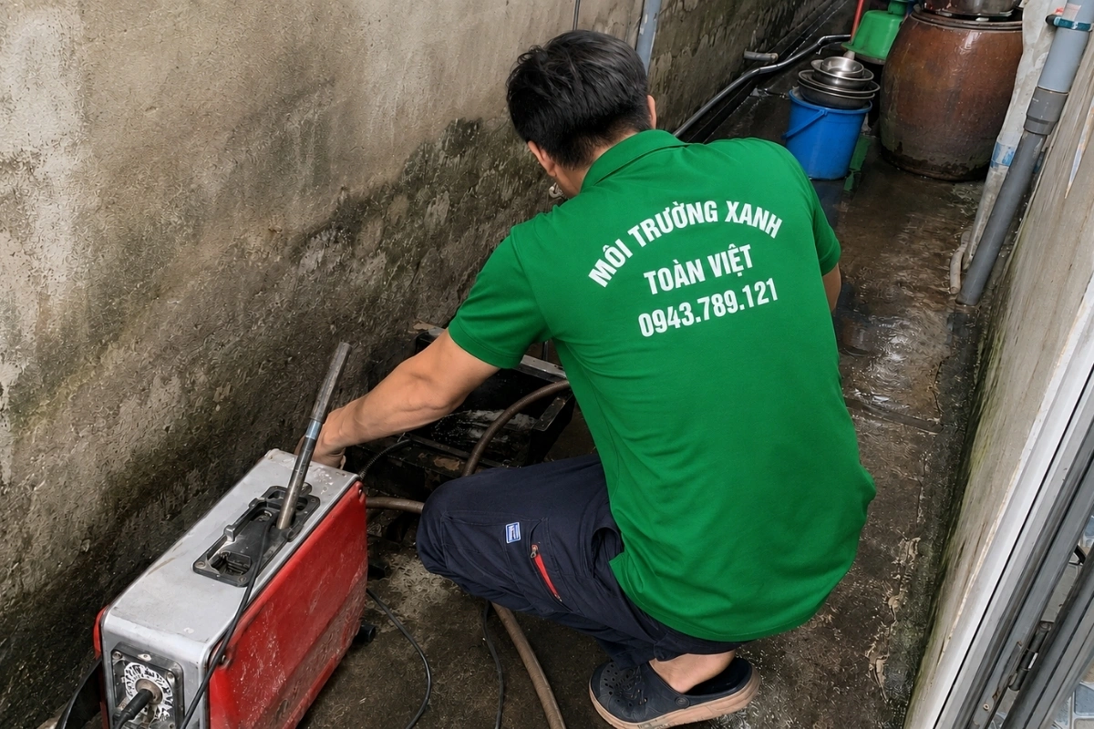 Đội kỹ thuật đang làm sạch đường cống bằng thiết bị truyền động.