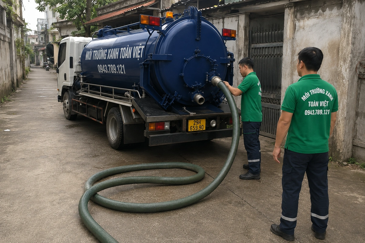 Nhân viên kéo ống hút hầm cầu vào bên trong nhà dân