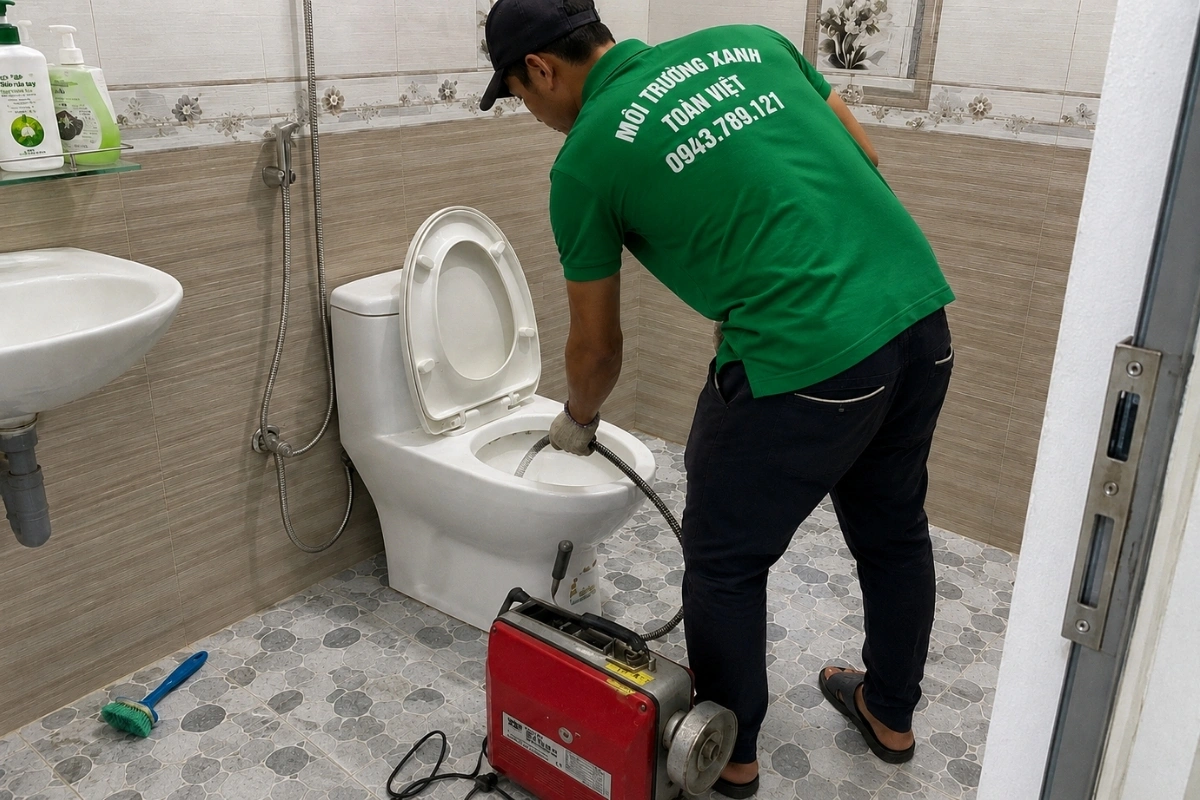 Nhân viên đang xử lý bồn cầu tắc do cặn tích tụ.