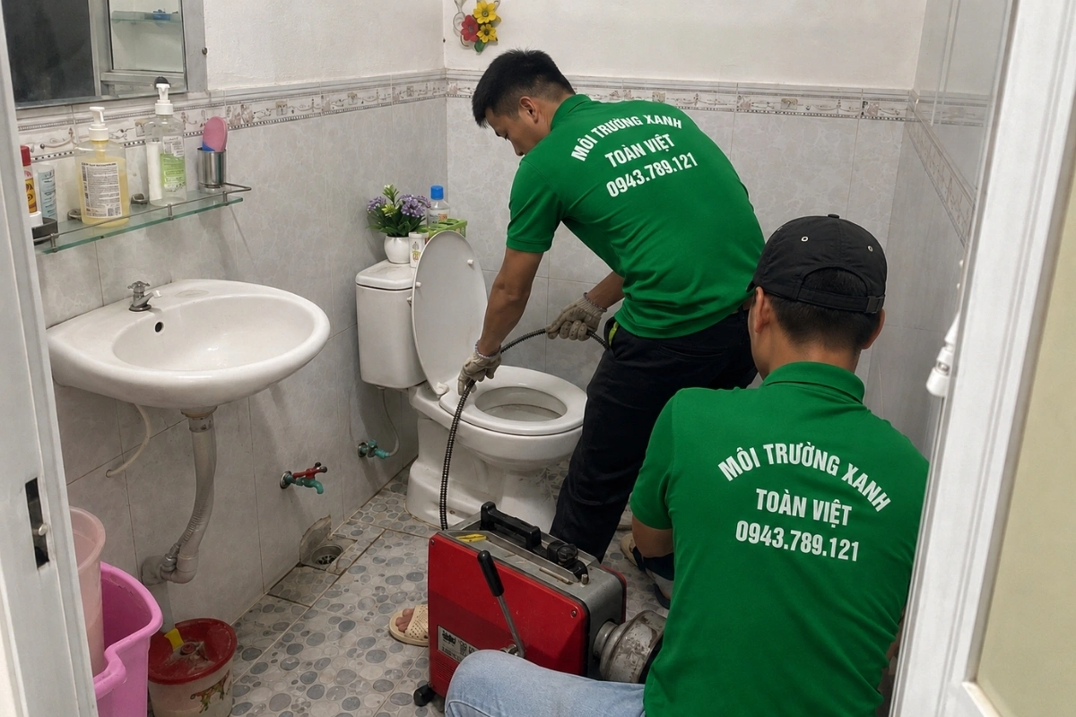 Kỹ thuật viên đang kiểm tra hệ thống thoát nước bồn cầu.