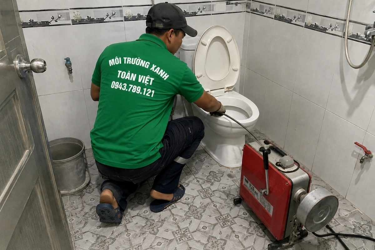 Nhân viên đang đưa dây lò xo vào sâu bên trong bồn cầu.