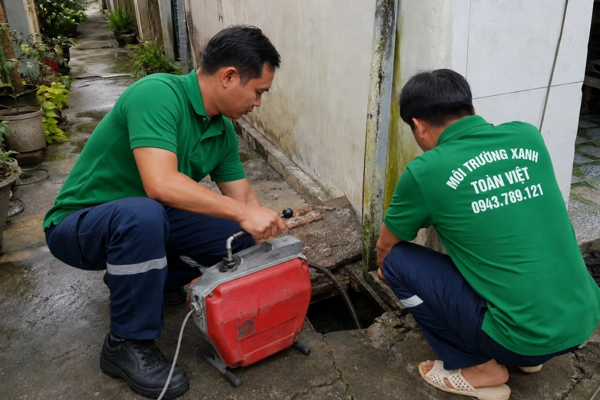 Thông Tắc Cống Tại Ngân Sơn, Giá Rõ 24/7 | Môi Trường Xanh 10 Nhân viên đang kiểm tra phản lực của dây khi gặp điểm tắc.