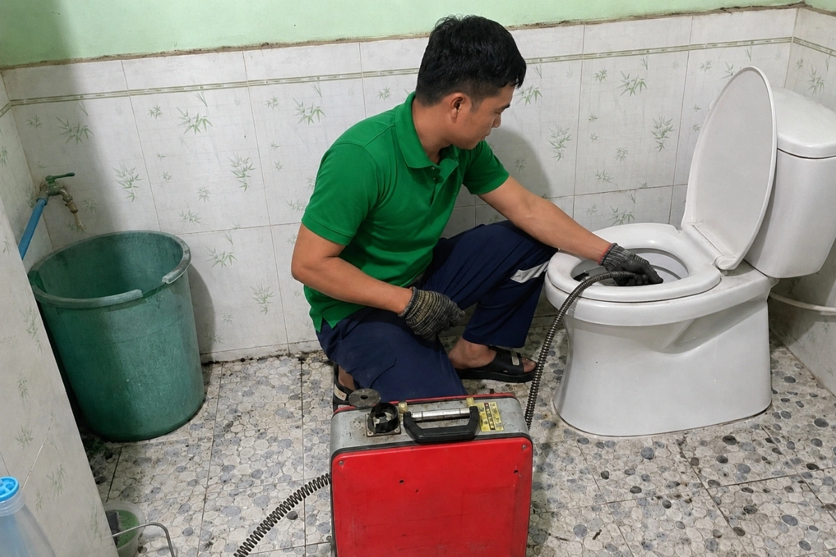 Kỹ thuật viên xử lý bồn cầu tắc bằng máy thông đường ống.