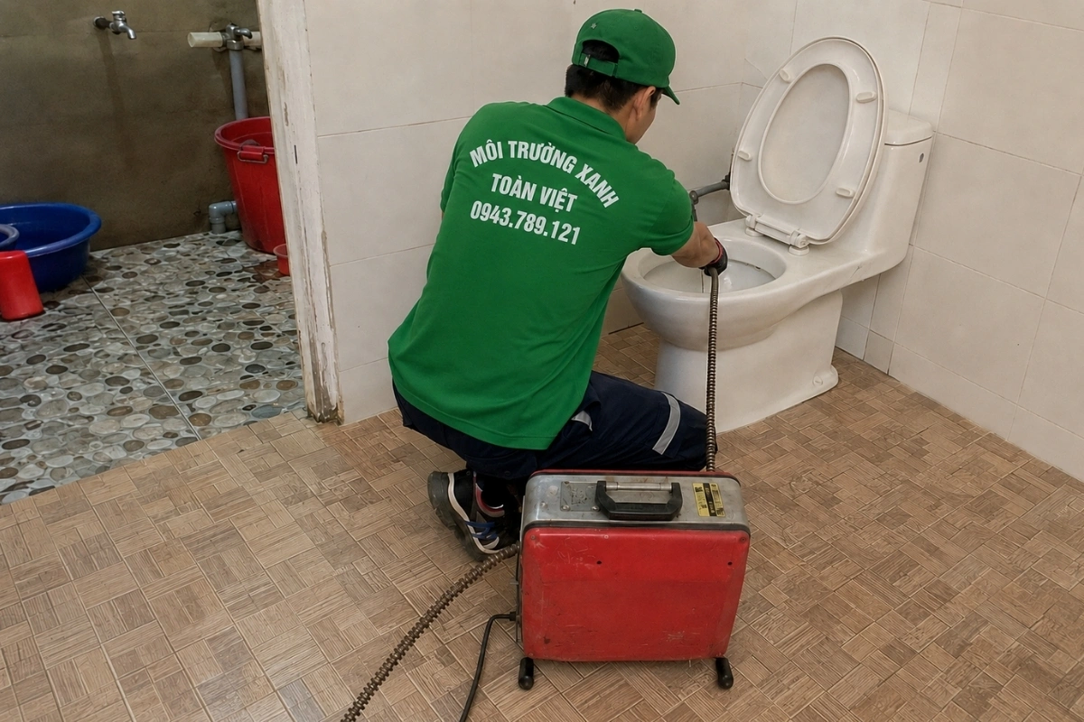 Nhân viên đang xử lý sự cố bồn cầu thoát nước kém.