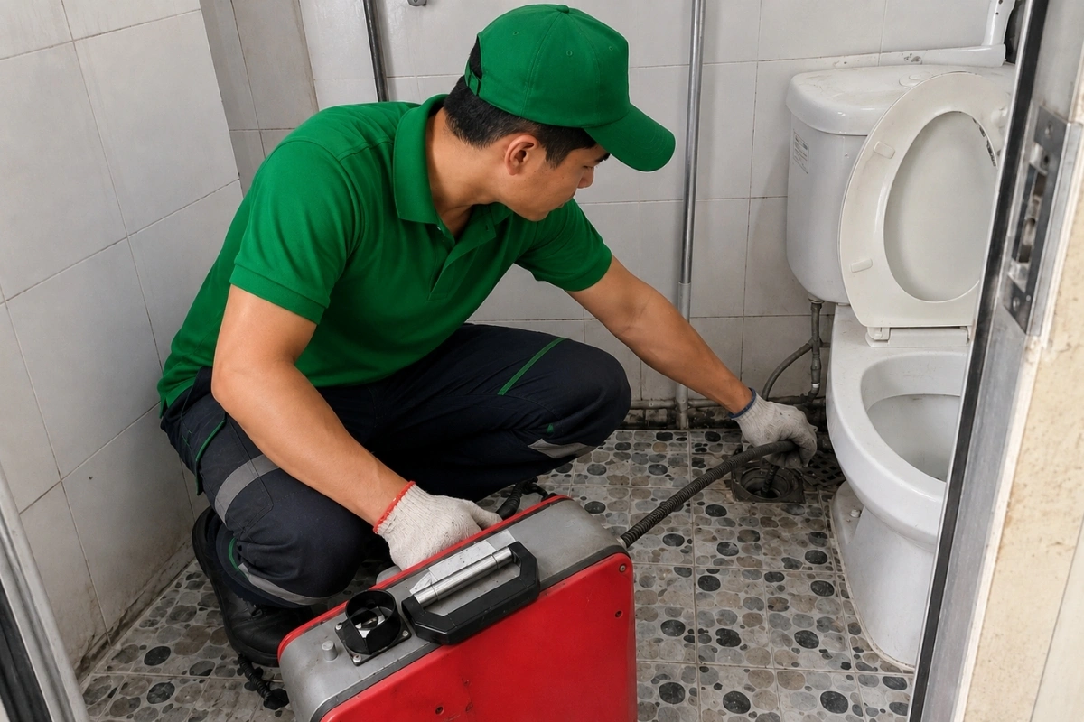 Kỹ thuật viên thông bồn cầu bằng máy và dây thép chuyên dụng.