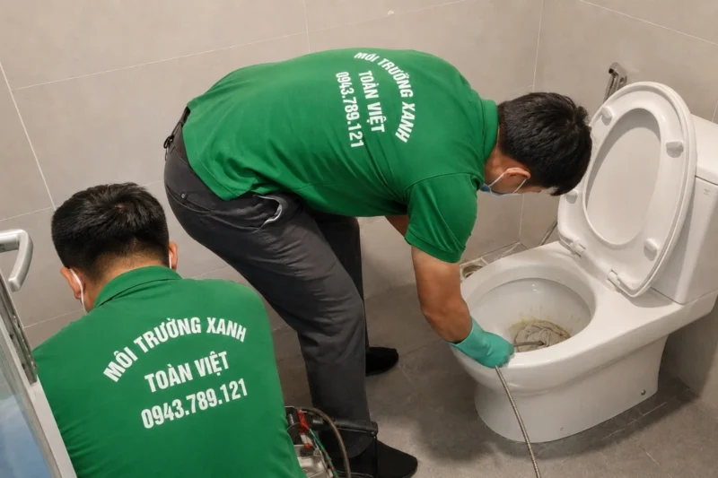 Nh&acirc;n vi&ecirc;n kỹ thuật đang xử l&yacute; đường tho&aacute;t bồn cầu tại chỗ.