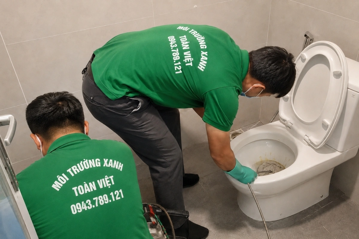 Nhân viên kỹ thuật đang xử lý đường thoát bồn cầu tại chỗ.
