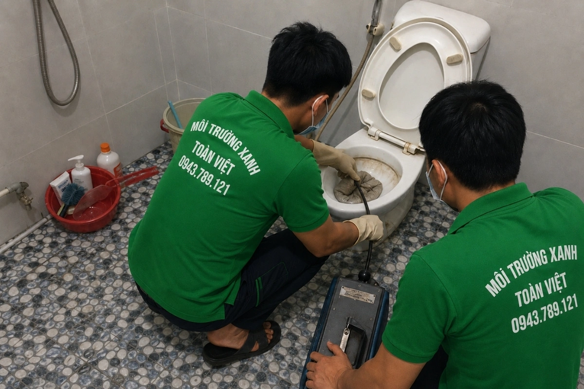 Kỹ thuật viên đang phá điểm tắc trong đường ống bồn cầu.
