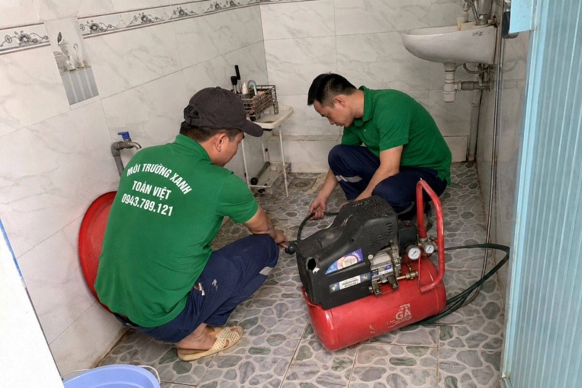 Đội thợ đang thực hiện công việc thông tắc bằng thiết bị điện cơ.