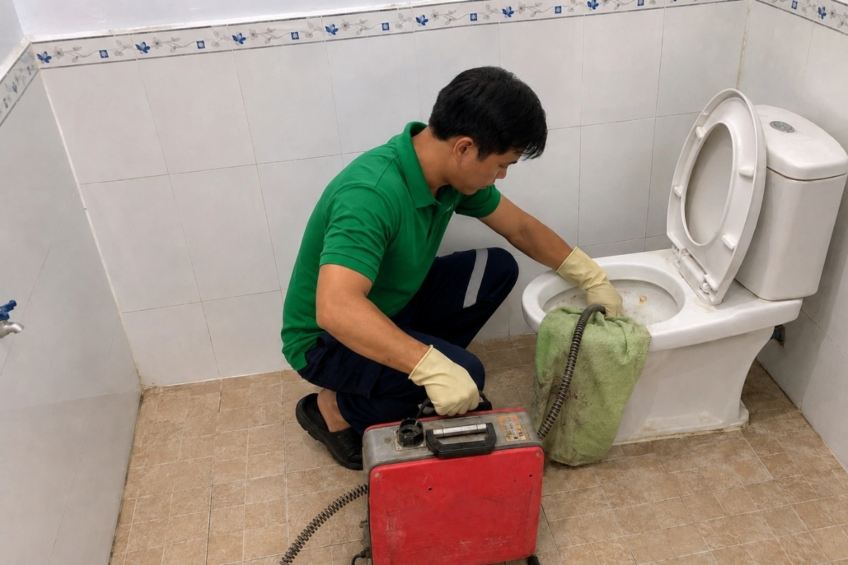Thông Bồn Cầu Đức Hòa 24/7, Thợ Tới Tận Khu Trọ, Khu Dân Cư 8 Nhân viên đang xử lý bồn cầu nghẹt bằng máy chuyên nghiệp.