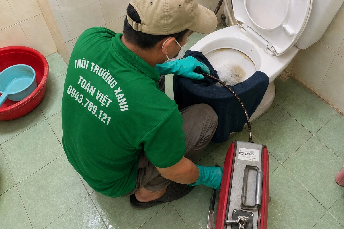 Nhân viên xử lý đường ống bồn cầu bằng máy lò xo.