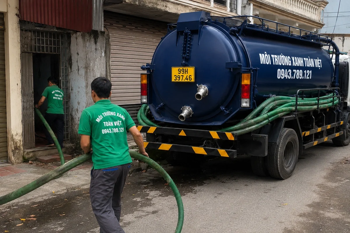 Xe hút hầm cầu màu xanh đậm trước khu nhà ở