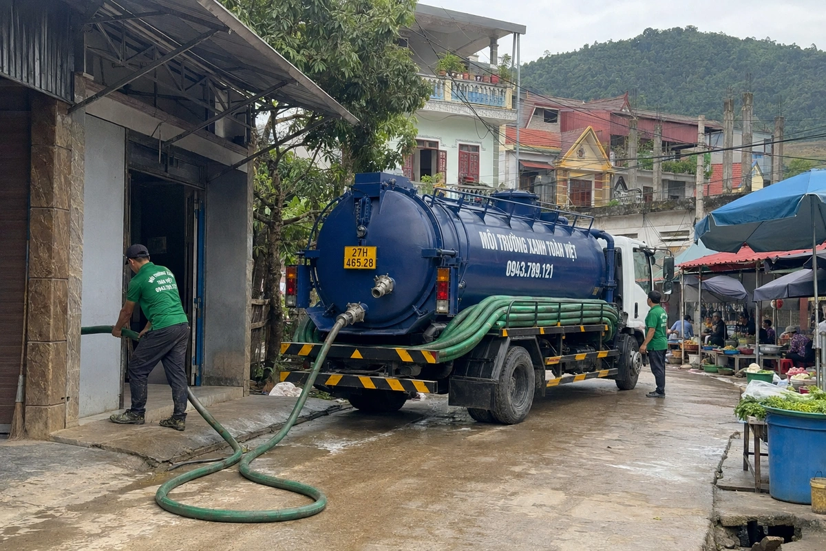 Nhân viên dịch vụ hút hầm cầu đi vào nhà khách hàng