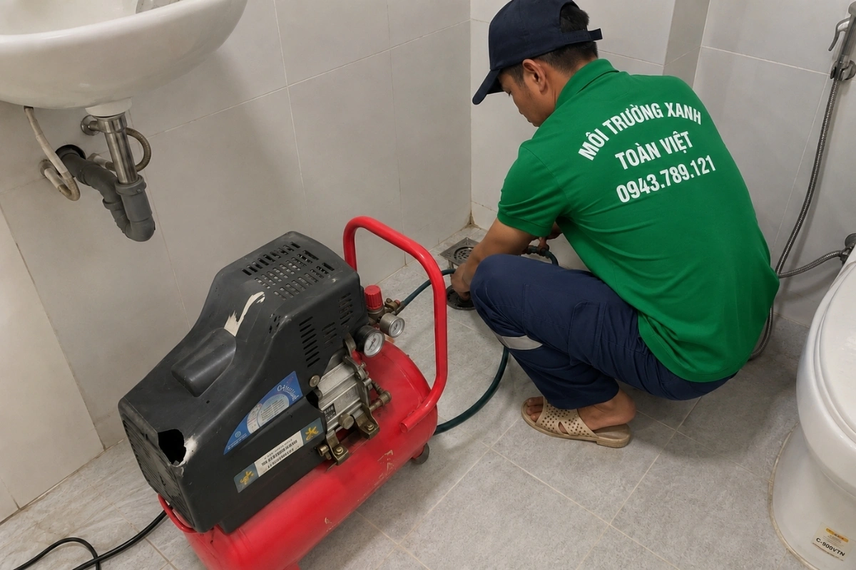 Nhân viên đang làm giảm lượng cặn tích tụ trong đường nước thải.