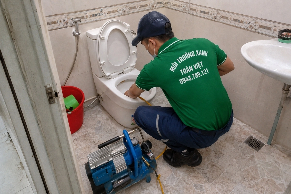 Nhân viên đang xử lý đường ống bồn cầu bằng dây lò xo dài.
