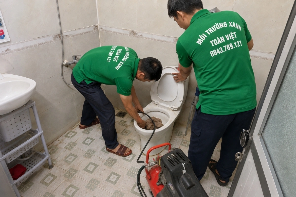Kỹ thuật viên đang thông tắc bồn cầu trong quá trình sửa chữa.
