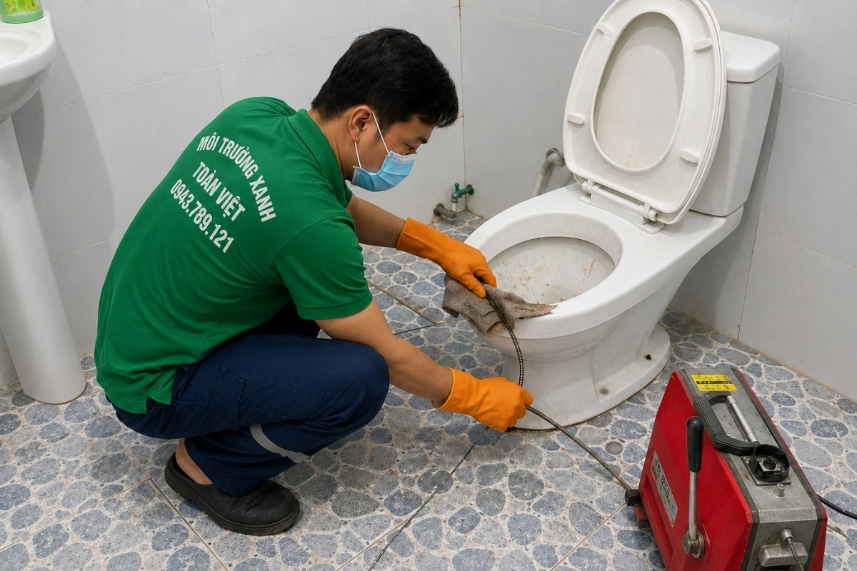Nhân viên đang xử lý tắc nghẽn trong hệ thống vệ sinh.
