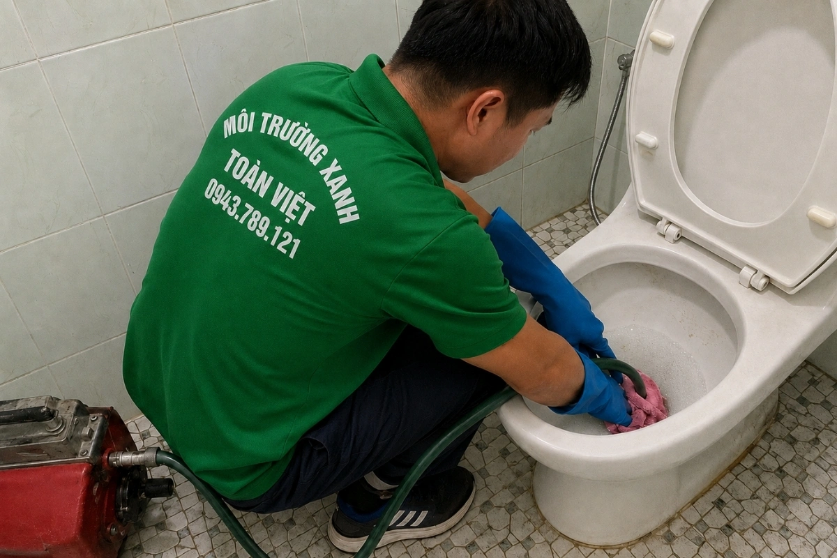 Thông Bồn Cầu Bến Lức 24/7, Thợ Tới Tận Khu Trọ, Quán Ăn 7 Kỹ thuật viên đang sử dụng máy để làm sạch đường thoát bồn cầu.