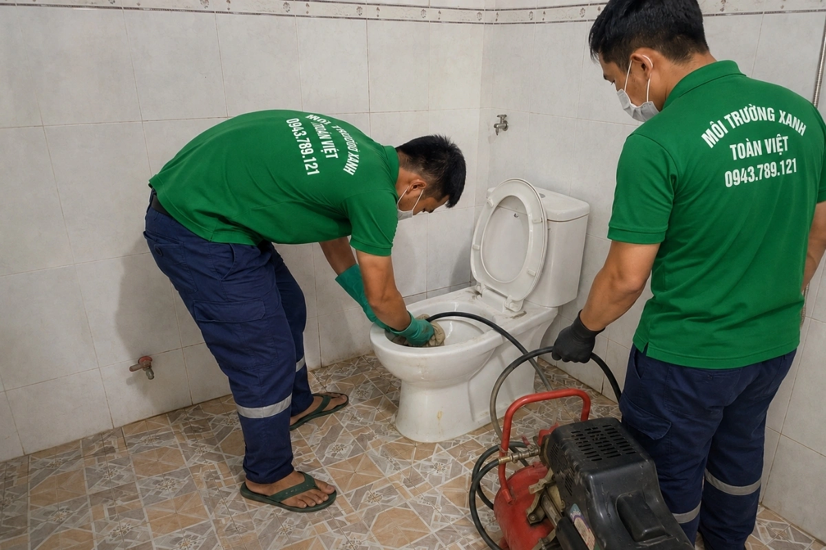 Nhân viên đang thông đường ống bồn cầu bị nghẹt cục bộ.