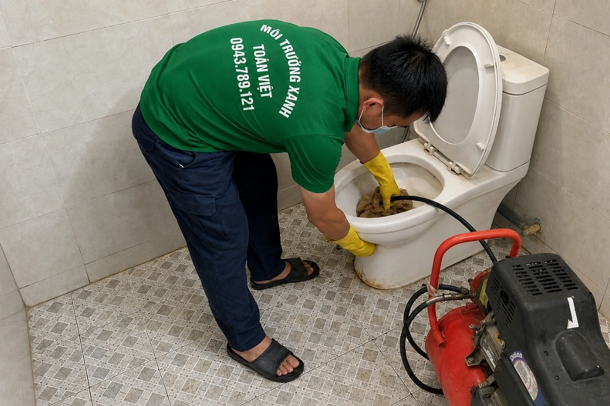 Kỹ thuật viên đang xử lý bồn cầu bằng máy thông lò xo.