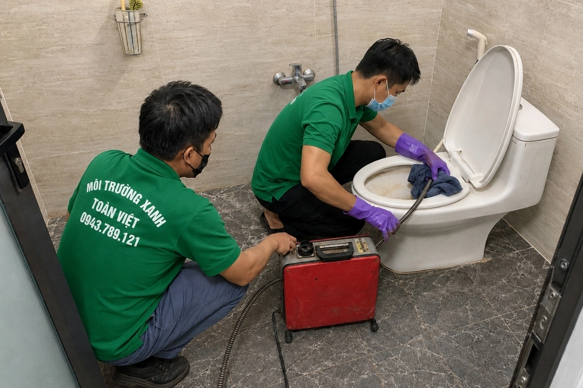 Thông Bồn Cầu Tân Phước Nghẹt, Có Thợ Trong 30 Phút 7 Nhân viên đang xử lý bồn cầu nghẹt để nước lưu thông trở lại.