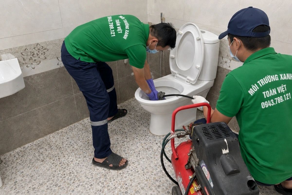 Kỹ thuật viên đang thông bồn cầu bằng dây chuyên dụng kết nối máy.