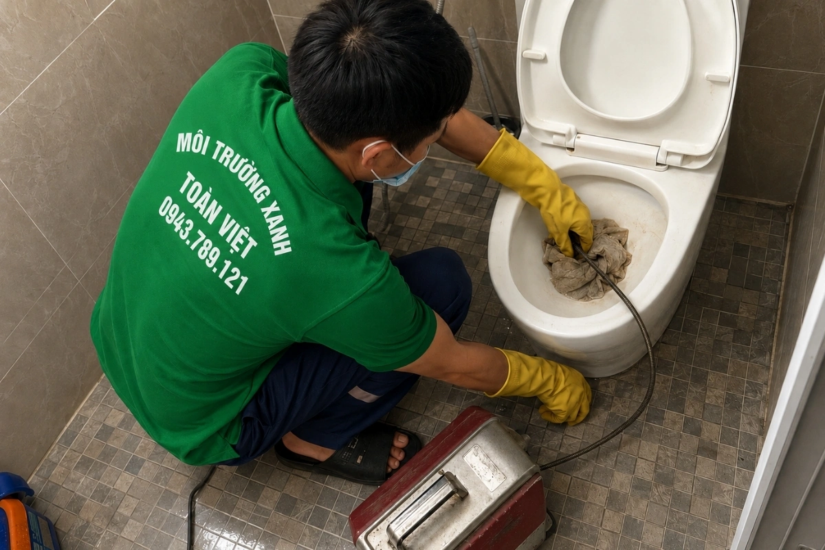 Nhân viên đang kiểm tra và làm thông đường ống bồn cầu.