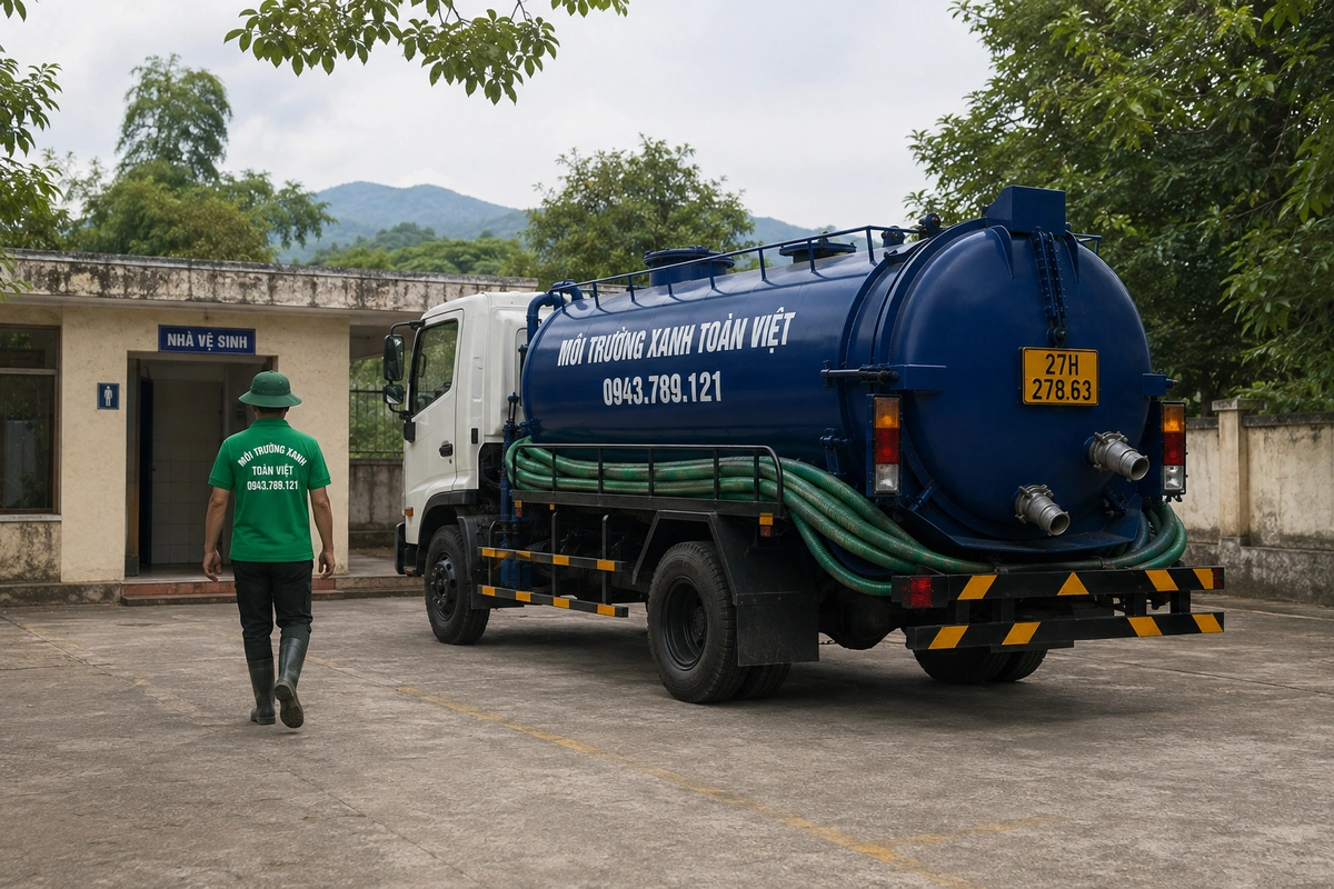 Xe hút hầm cầu màu xanh trên đường dân sinh